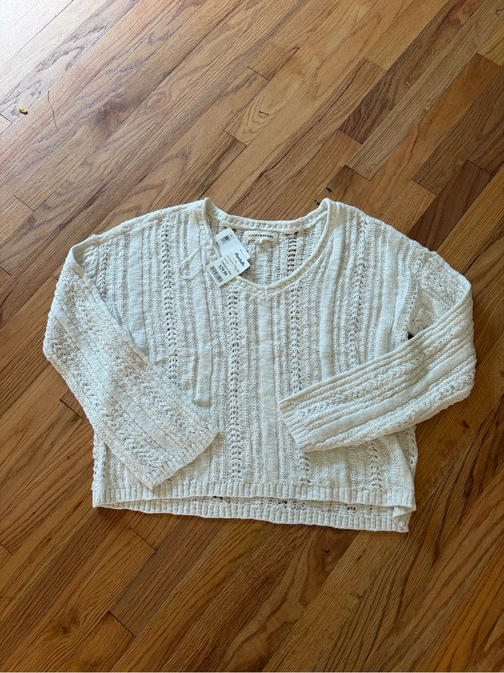 Women's Cream Open-Knit V-Neck Sweater